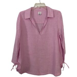 Sigrid Olsen Linen Top 3/4 Sleeve V Neck Collar Laces on the Sides Size Medium
